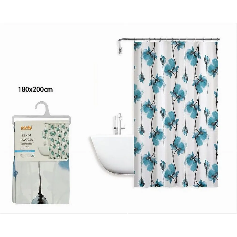 TENDA DOCCIA VASCA IMPERMEABILE 12 GANCI DECORAZIONE FIORI BLU 180X200 CM 79224