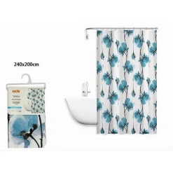 TENDA DOCCIA VASCA IMPERMEABILE 12 GANCI DECORAZIONE FIORI BLU 240 X 200CM 79225