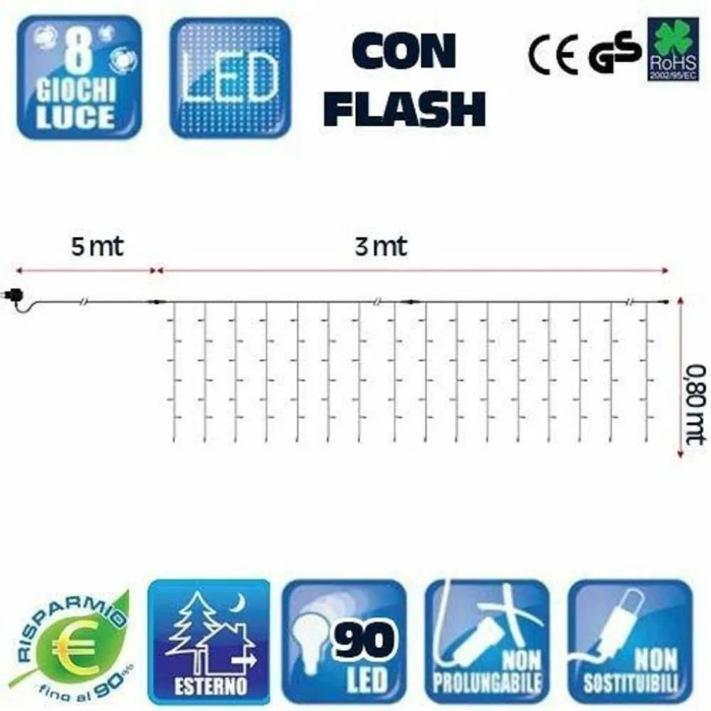 TENDA LUMINOSA NATALIZIA 90 LED LUCE BIANCO FREDDO 3 METRI ESTERNO LUCI CAVO 5MT