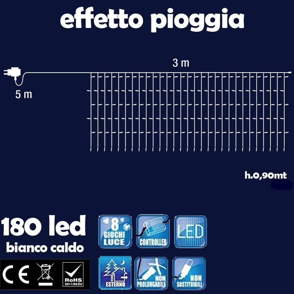 TENDA LUMINOSA NATALIZIA 180 LED LUCE BIANCO CALDO 3 METRI PER ESTERNO