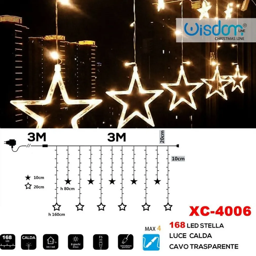 TENDA LUMINOSA NATALIZIA 168 LED CON STELLE LUCE CALDA CAVO TRASPARENTE XC-4006