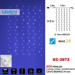 TENDA LUMINOSA NATALIZIA 200 LED LUCE BLU FISSA + BIANCA INTERMITTENTE XC-3972