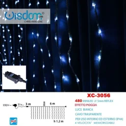 TENDA LUMINOSA NATALIZIA 480 MINI LED EFFETTO PIOGGIA LUCE BIANCA IP44 XC-3056