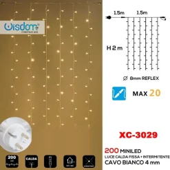 TENDA LUMINOSA NATALIZIA 200 LED LUCE CALDA FISSA + BIANCA INTERMITTENTE XC-3029