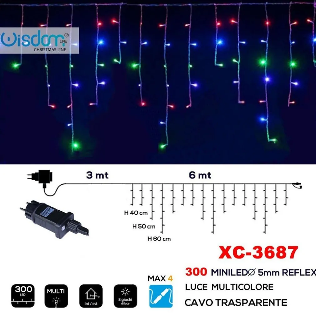 TENDA LUMINOSA NATALIZIA 300 MINILED LUCE MULTICOLORE CAVO TRASPARENTE XC-3687