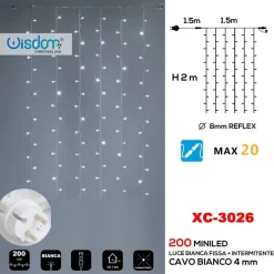 TENDA LUMINOSA NATALIZIA 200LED LUCE BIANCA FISSA + BIANCA INTERMITTENTE XC-3026