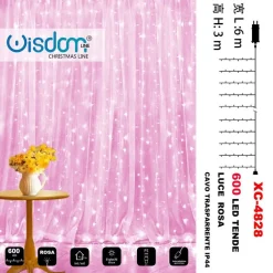 TENDA LUMINOSA NATALIZIA 600LED LUCE ROSA CAVO TRASPARENTE 8 GIOCHI LUCE XC-4828