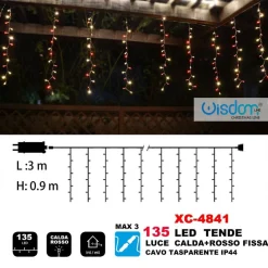 TENDA LUMINOSA NATALIZIA 135 LED LUCE CALDA+ROSSO FISSA CAVO TRASPARENTE XC-4841