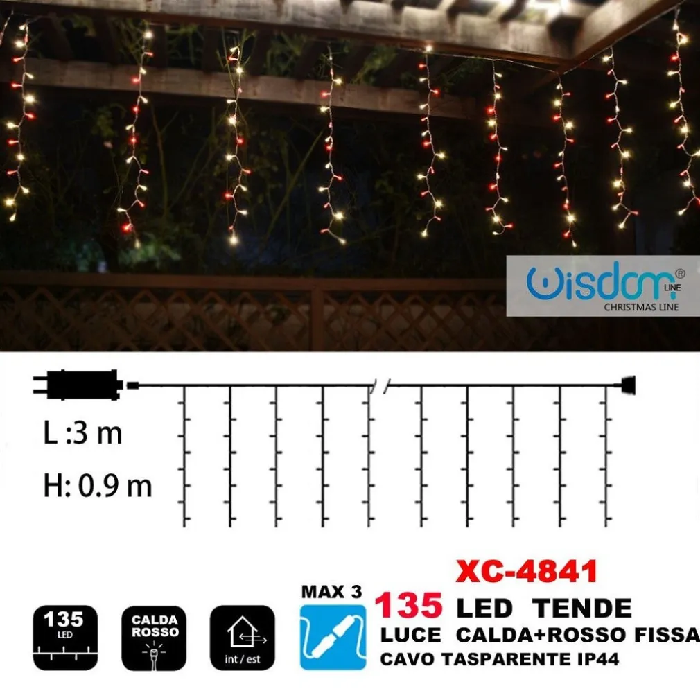 TENDA LUMINOSA NATALIZIA 135 LED LUCE CALDA+ROSSO FISSA CAVO TRASPARENTE XC-4841