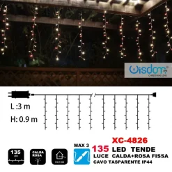 TENDA LUMINOSA NATALIZIA 135LED LUCE CALDA + ROSA FISSA CAVO TRASPARENTE XC-4826