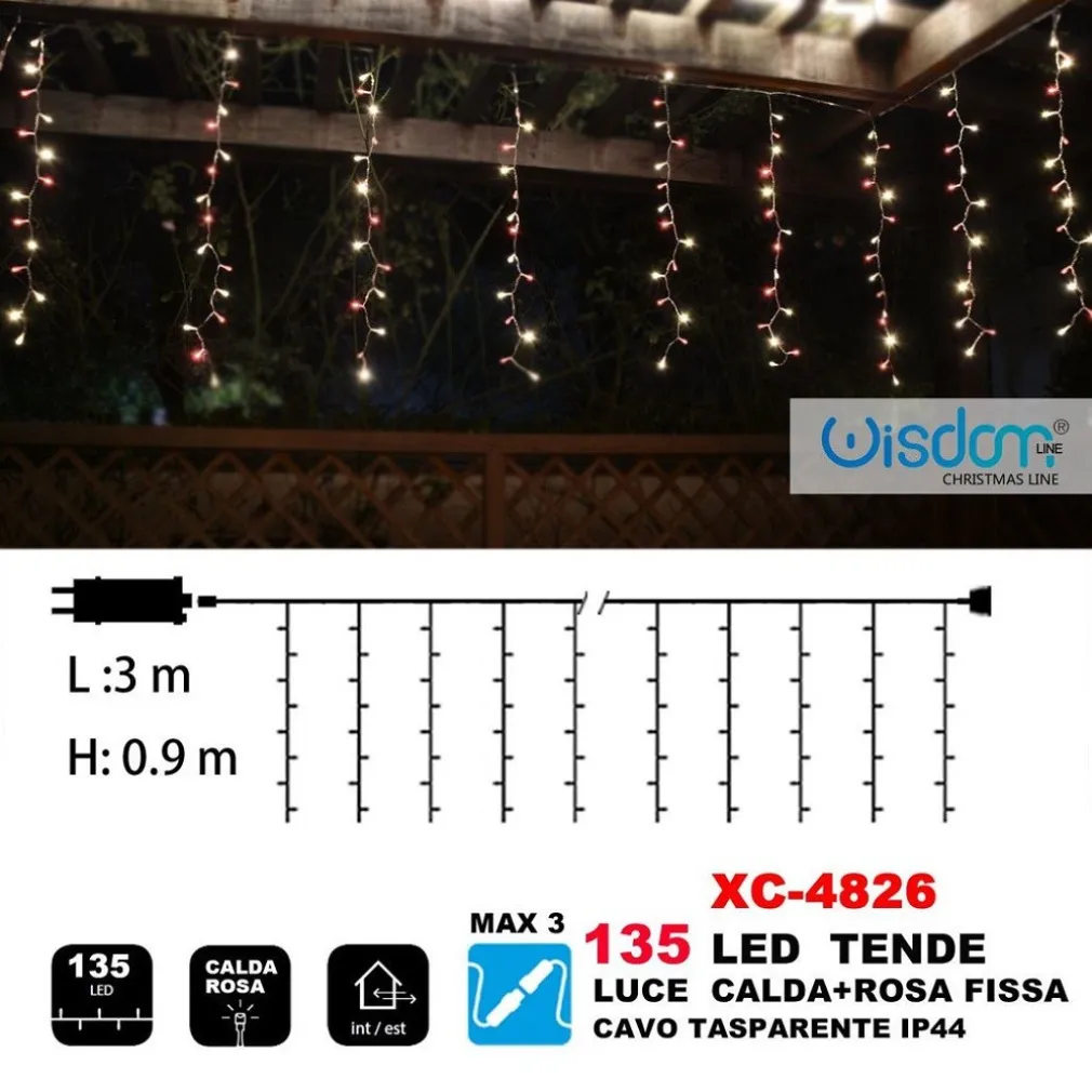 TENDA LUMINOSA NATALIZIA 135LED LUCE CALDA + ROSA FISSA CAVO TRASPARENTE XC-4826