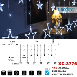 TENDA LUMINOSA NATALIZIA 115 LED CON STELLE LUCE BIANCA CAVO TRASPARENTE XC-3776