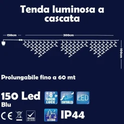 TENDA LUMINOSA NATALIZIA 150 LED CON FLASH LUCE BLU 3MT ESTERNO PROLUNGABILE