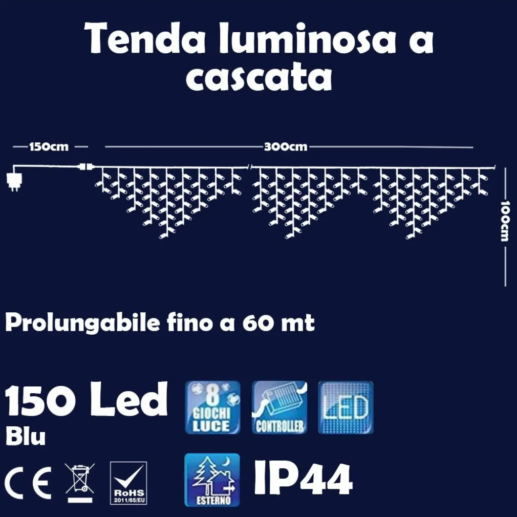 TENDA LUMINOSA NATALIZIA 150 LED CON FLASH LUCE BLU 3MT ESTERNO PROLUNGABILE