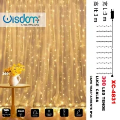 TENDA LUMINOSA NATALIZIA 300LED LUCE CALDA CAVO TRASPARENTE 8GIOCHI LUCE XC-4831