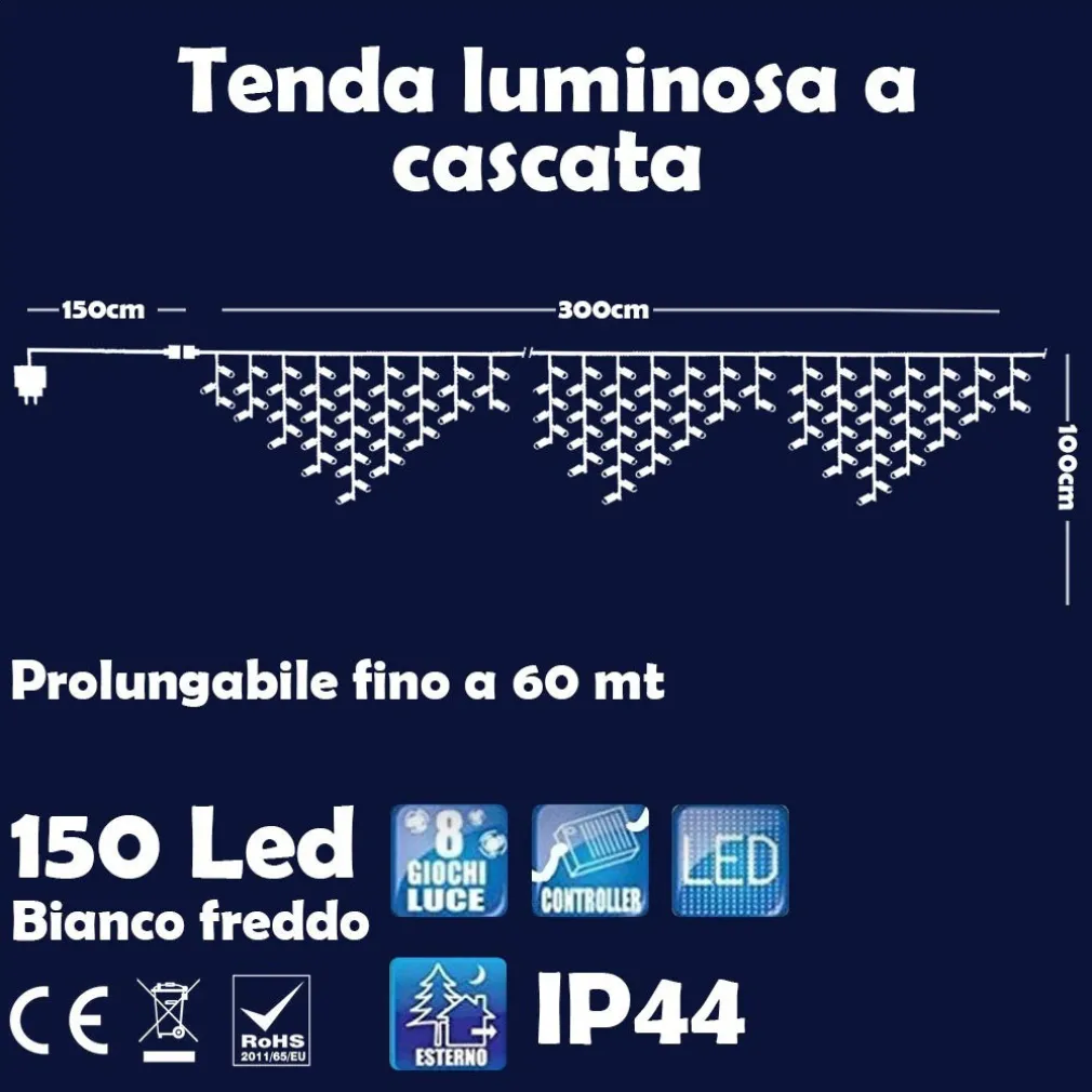 TENDA LUMINOSA NATALIZIA 150LED CON FLASH BIANCO FREDDO 3MT ESTERNO PROLUNGABILE