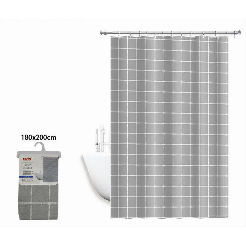 TENDA PER DOCCIA IMPERMEABILE TESSUTO PVC 12 GANCI IN PLASTICA QUADRI 180X200CM