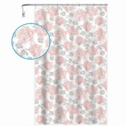 TENDA PER DOCCIA VASCA DA BAGNO 12 GANCI STAMPA FIORI ROSA GRIGI 180X200CM 87575