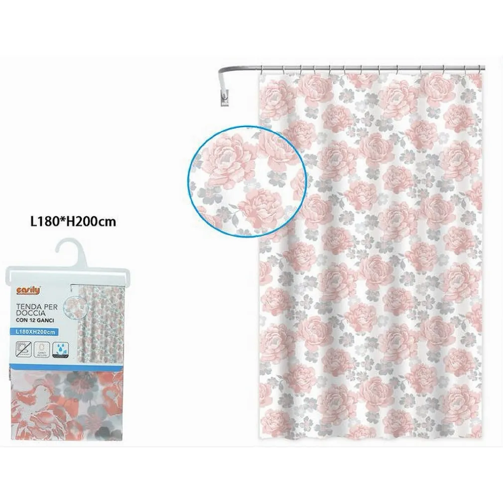 TENDA PER DOCCIA VASCA DA BAGNO 12 GANCI STAMPA FIORI ROSA GRIGI 180X200CM 87575