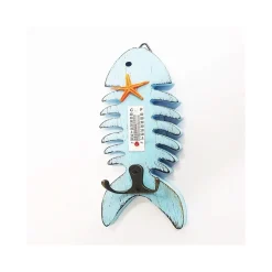 TERMOMETRO ANALOGICO LEGNO DA PARETE PESCE AZZURRO DOPPIO GANCIO PER CHIAVI