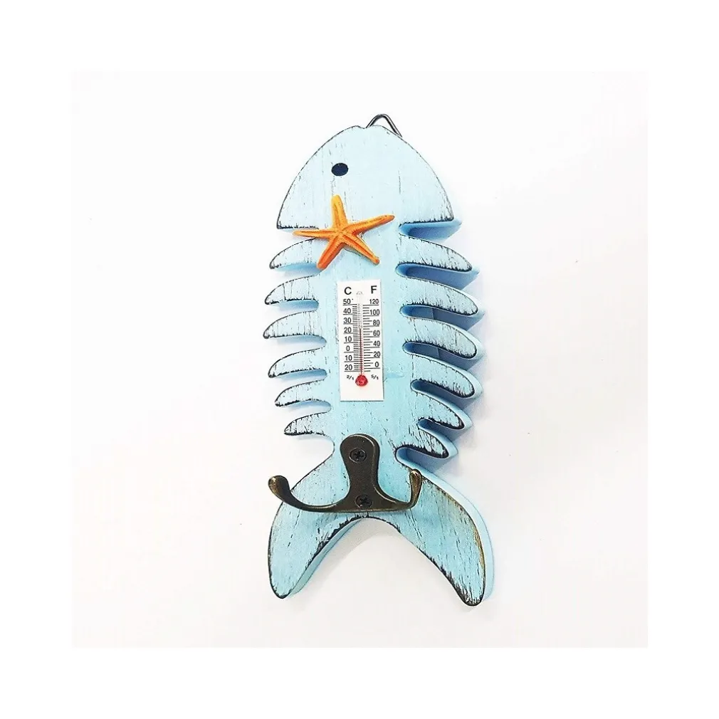TERMOMETRO ANALOGICO LEGNO DA PARETE PESCE AZZURRO DOPPIO GANCIO PER CHIAVI