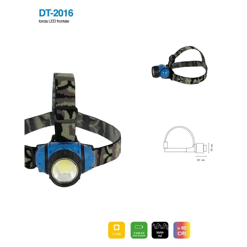 TORCIA LED COB FRONTALE TESTA 3W LUCE REGOLABILE ESCURSIONI PESCA GITE DT-2016