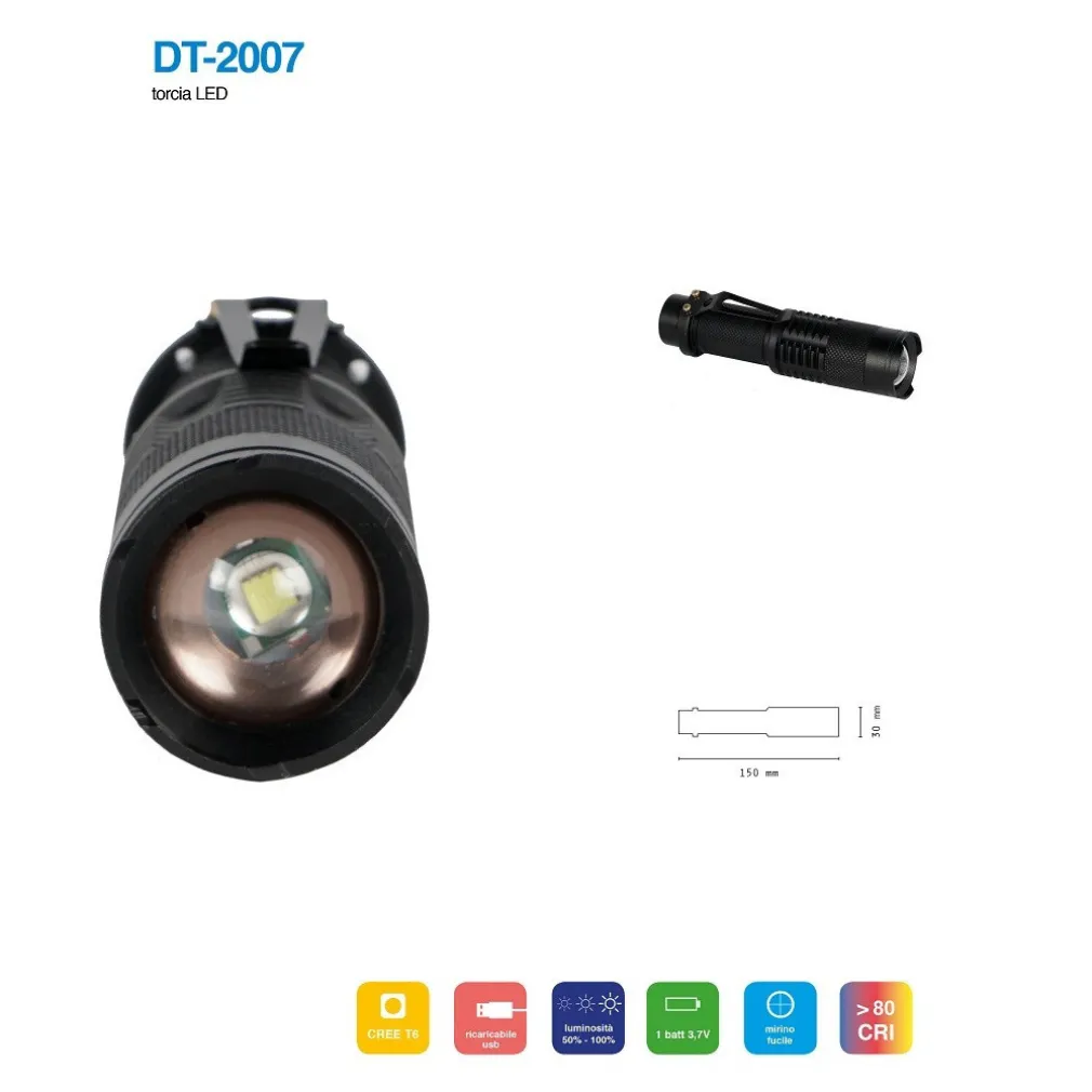 TORCIA LED CREE T6 BATTERIA RICARICABILE USB AUTO LUMINOSITA' REGOLABILE DT-2007