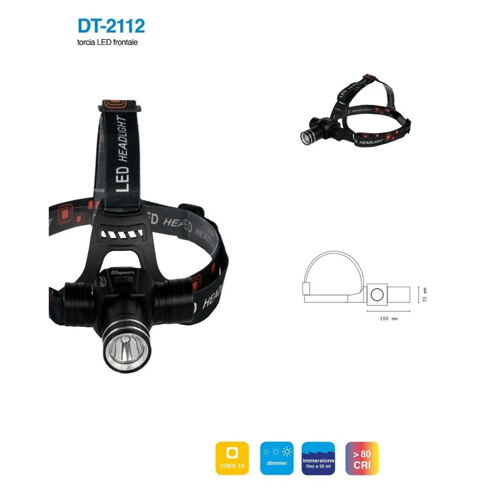 TORCIA LED CREE T6 FRONTALE DA TESTA IMMERSIONE SUBACQUEA RICARICABILE DT-2112
