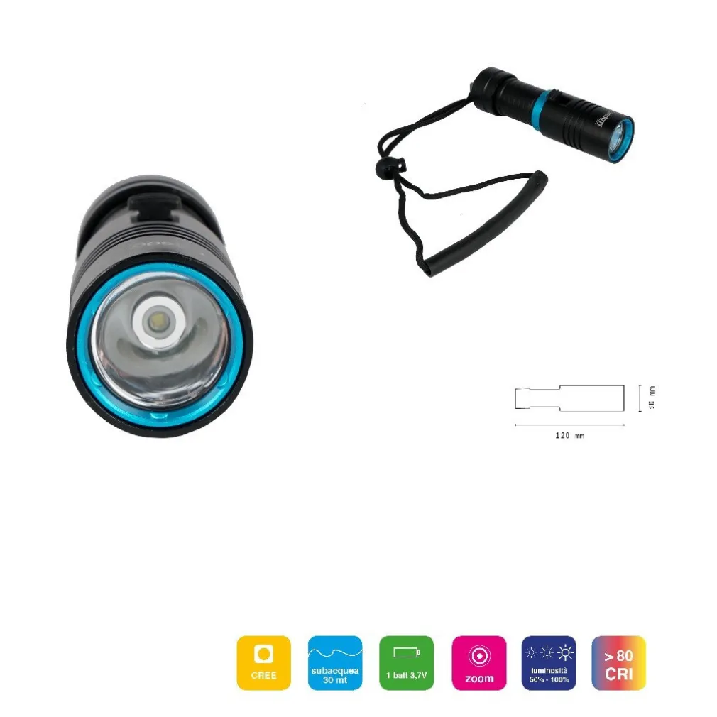 TORCIA LED CREE T6 RICARICABILE PER IMMERSIONI SUBACQUEE FINO A 30 METRI DT-2148