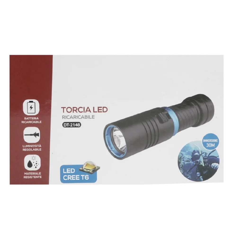 TORCIA LED CREE T6 RICARICABILE PER IMMERSIONI SUBACQUEE FINO A 30 METRI DT-2148