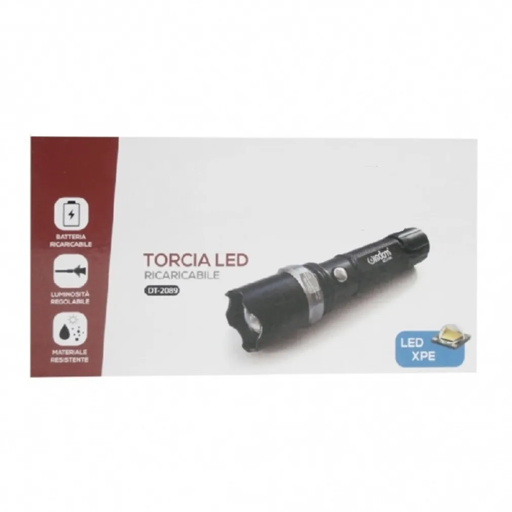 TORCIA LED CREE T6 RICARICABILE USB AUTO LUMINOSITA REGOLABILE RESISTENTE DT-2089