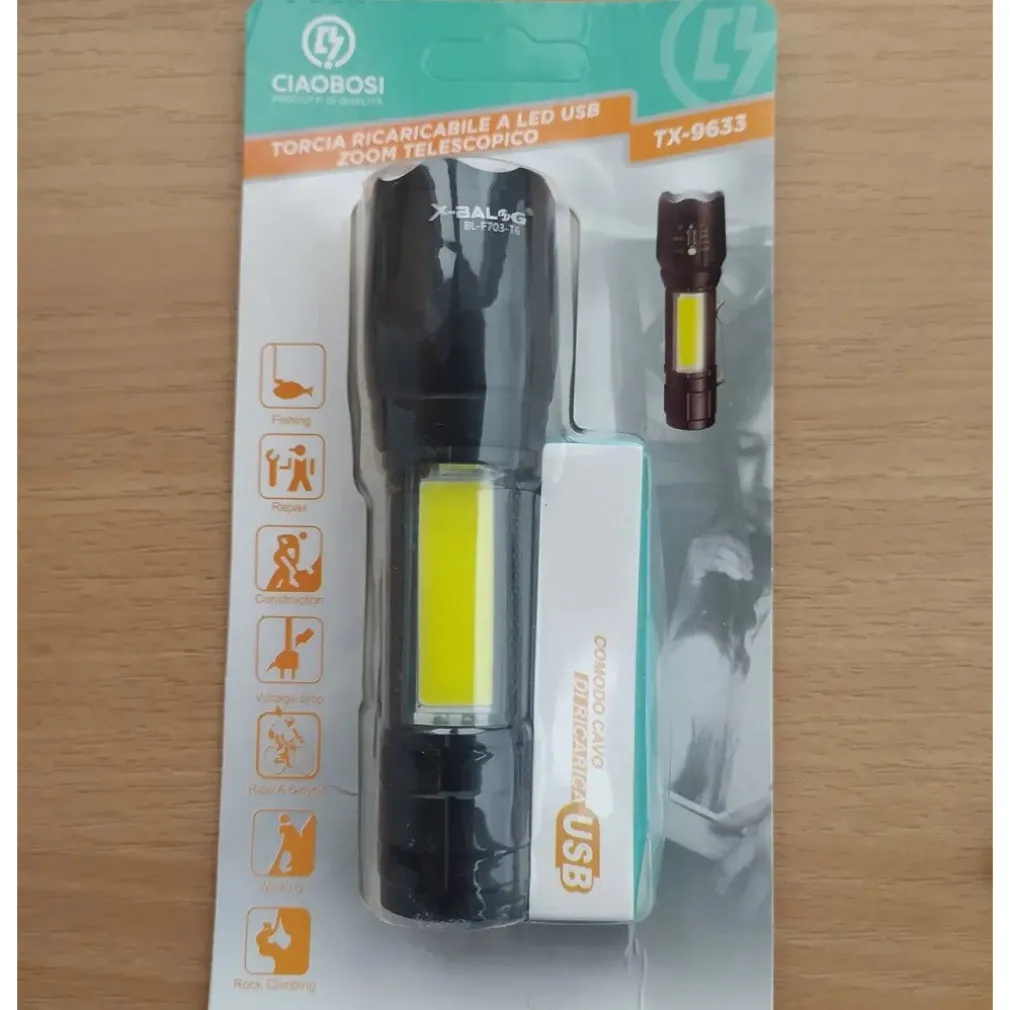 TORCIA TATTICA USB RICARICABILE A LED ZOOM TELESCOPICO ESCURSIONI PESCA TX-9633