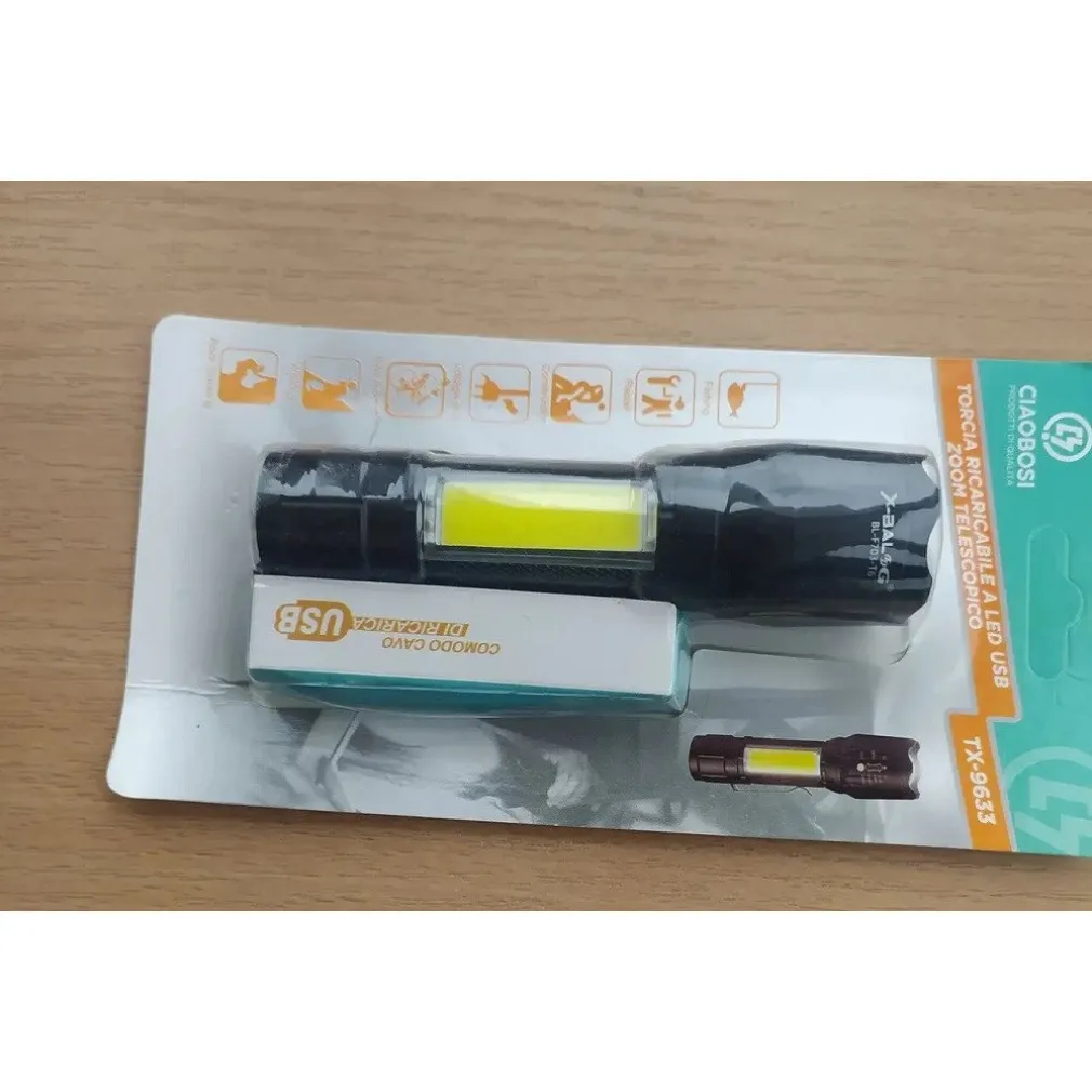 TORCIA TATTICA USB RICARICABILE A LED ZOOM TELESCOPICO ESCURSIONI PESCA TX-9633