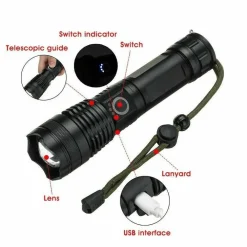 TORCIA TATTICA/MILITARE LED CREE T6 RICARICABILE ZOOM DOPPIA BATTERIA A90-P50