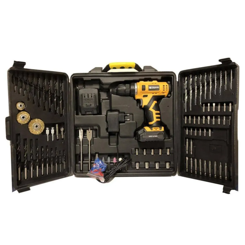 TRAPANO AVVITATORE A DOPPIA BATTERIA AL LITIO 24V + 92 ACCESSORI CON VALIGIA