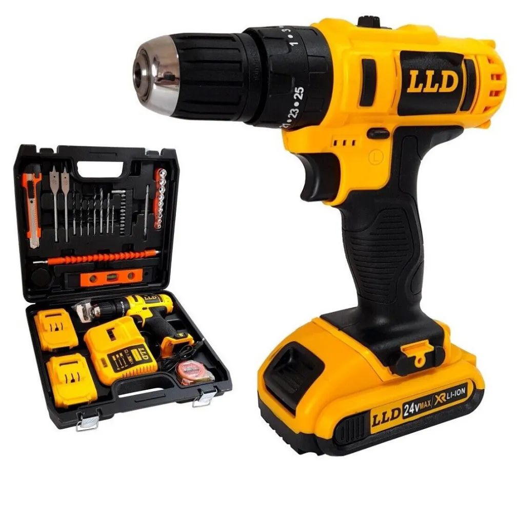 TRAPANO AVVITATORE A PERCUSSIONE DOPPIA BATTERIA LITIO 24V VALIGIA 16 ACCESSORI