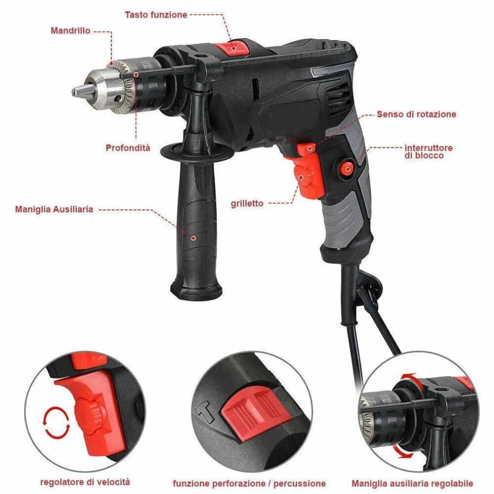 TRAPANO ELETTRICO A PERCUSSIONE 710W VELOCITA REGOLABILE 3000RPM MANDRINO 13 MM