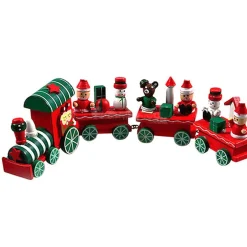 TRENINO NATALIZIO IN LEGNO CON 4 VAGONI 24CM ROSSO E BIANCO DECORAZIONI NATALE