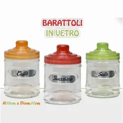 TRIS BARATTOLI 3 CONTENITORI CAFFÈ ZUCCHERO SALE VETRO TAPPO COLORATO