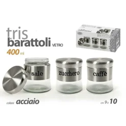 TRIS BARATTOLI COLORE ACCIAIO IN VETRO 9X10CM 400 ML SALE ZUCCHERO CAFFE' 816604