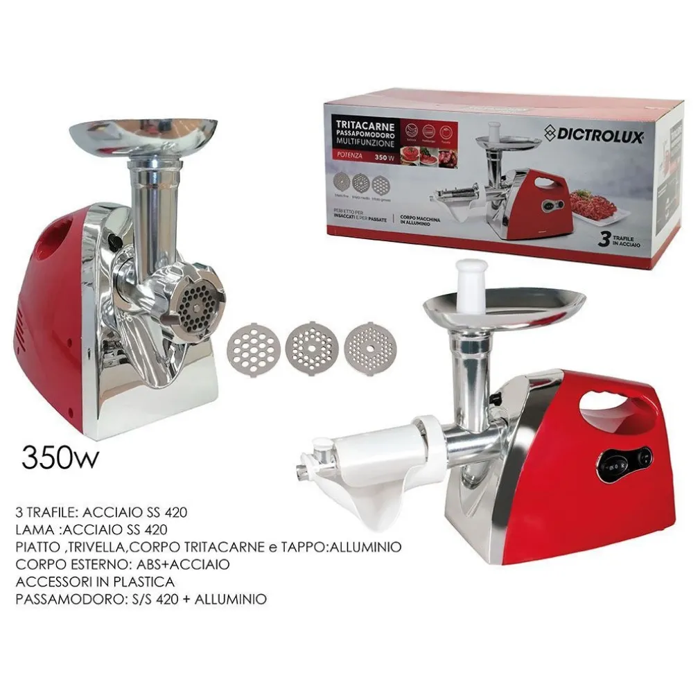TRITACARNE PASSAPOMODORO MULTIFUNZIONE 350 WATT 3 TRAFILE IN ACCIAIO PER INSACCATI PASSATE