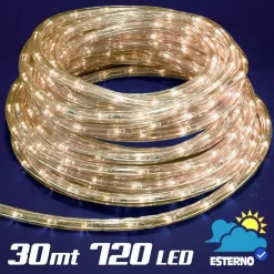 TUBO LUMINOSO 30 METRI LED BIANCO CALDO 720 LUCI PER INTERNO E PER ESTERNO