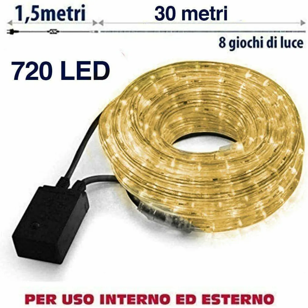TUBO LUMINOSO 30 METRI LED BIANCO CALDO 720 LUCI PER INTERNO E PER ESTERNO