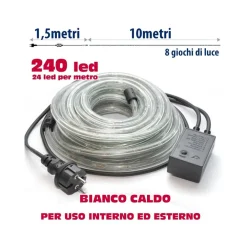 TUBO LUMINOSO NATALIZIO 10 METRI LED BIANCO CALDO CON CONTROLLER 8 FUNZIONI