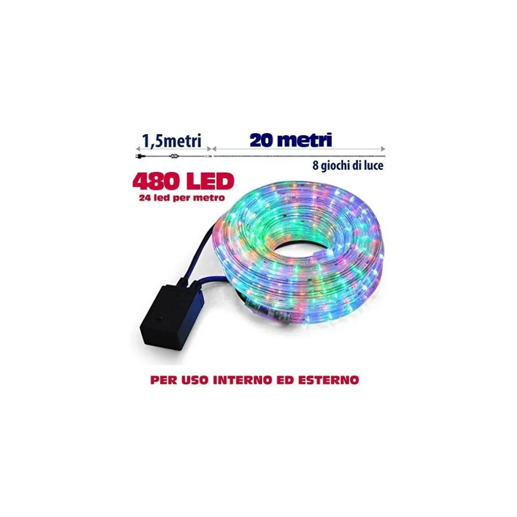 TUBO LUMINOSO NATALIZIO 20 METRI LED MULTICOLOR CONTROLLER 8 FUNZIONI X ESTERNO