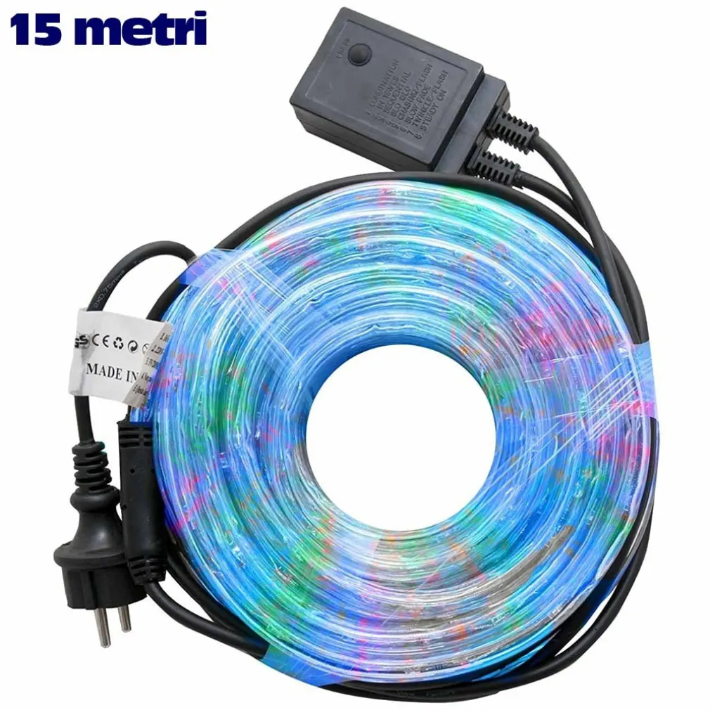 TUBO LUMINOSO NATALIZIO 15MT LED MULTICOLOR CONTROLLER 8 FUNZIONI PER ESTERNO