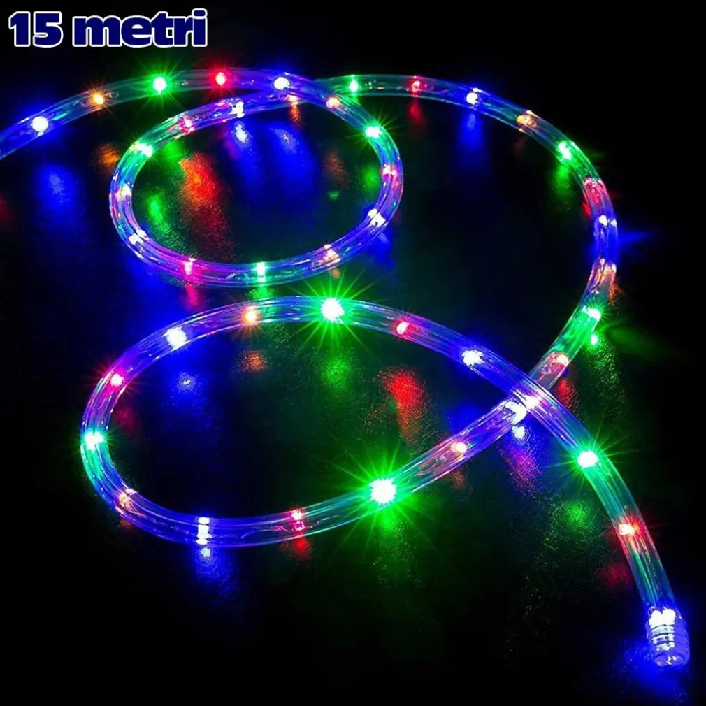 TUBO LUMINOSO NATALIZIO 15MT LED MULTICOLOR CONTROLLER 8 FUNZIONI PER ESTERNO