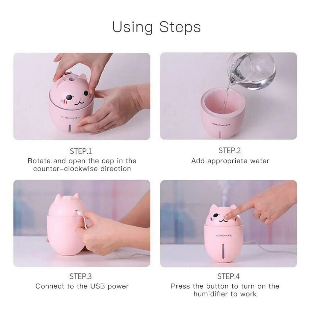 UMIDIFICATORE USB 3IN1 ULTRASUONI MICETTO GATTO 320ML AROMATERAPIA DIFFUSORE