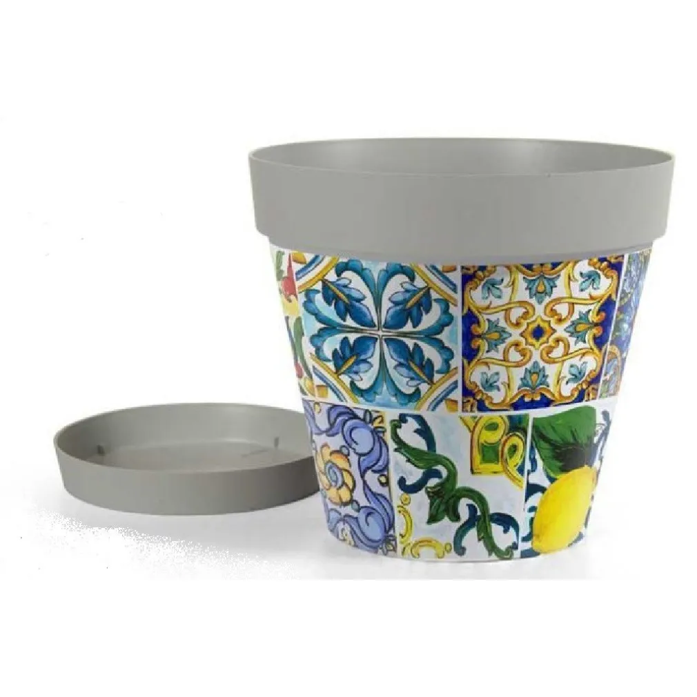 VASO CON SOTTOVASO GIARDINO IN PLASTICA DECORO MEDÌ 26X23 CM PIANTE FIORI 845413