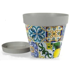 VASO CON SOTTOVASO GIARDINO IN PLASTICA DECORO MEDÌ 22X20CM FIORI PIANTE 845406